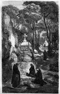 De religiösa av Saint Benoit (Saint Benoit) i bön. Gravyr i "Historien om påvarna-kungarna-drottningarna och kejsarna genom århundradena"" av Maurice Lachatre av French School