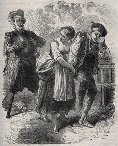 Martin Guerres återkomst (cirka 1524 omkring 1560): han dök upp inför sin hustru Bertrande de Rols och den som hade tillskansat sig hans identitet, bedragaren Arnaud du Tilh (Thil). Gravyr från 1871 i "Histoire Des Cocus Celebres"" av Henry de Kock (1819) av French School