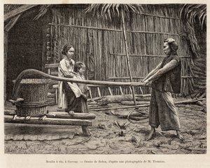 Riskvarnen, framför en bondes hus i Gocong, gravering efter en teckning av Robin som illustrerar resan till Cochinchine, av doktor Morice, 1872, publicerad i "" Le tour du monde""" 1875, redigerad av Edouard Charton, Hachette-upplagan, Paris. Selva av French School