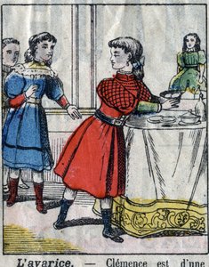 De sju dödssynden: girighet. Epinal avbildning sent 1800-tal. (I sette peccati o vizi capitali) av French School