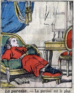 De sju dödssynden: lättja. Epinal avbildning sent 1800-tal. (I sette peccati o vizi capitali) av French School