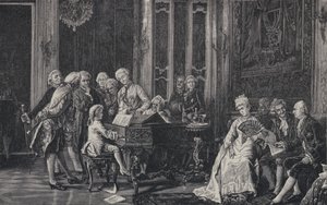Den sjuårige Wolfgang Amadeus Mozart spelar inför kung George III i London, 1764 av French School