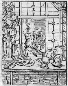 Pansarmakarens (rustning) butik på 1500-talet. I "" Den pittoreska butiken"" 1836 av French School