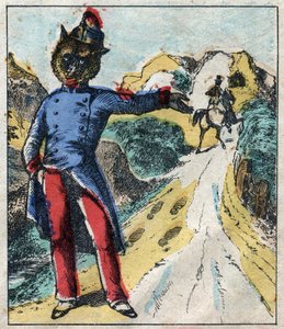 Det sjuka lejonet och räven. Fabler av Jean de La Fontaine (1621-95). Epinal avbildning från slutet av 1800-talet. av French School