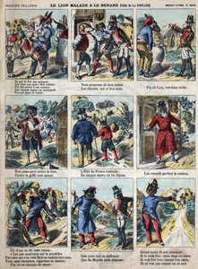 Det sjuka lejonet och räven. Fabler av Jean de La Fontaine (1621-95). Epinal avbildning från slutet av 1800-talet. av French School