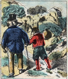 Det sjuka lejonet och räven. Fabler av Jean de La Fontaine (1621-95). Epinal avbildning från slutet av 1800-talet. av French School