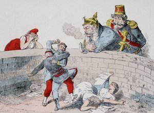 Situationen - Gauillaume: Vi måste hjälpa galna människor, Badingue (Napoleon III): Låt dem göra min bror, det kommer att vara dags att ingripa när de (parisarna) har slukt sig själva. Tecknad film om kommunen. av French School