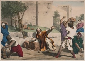 Steningen av St. Stephen, illustration från en katekes LHistoire Sainte, utgiven av Charles Delagrave, Paris, sent 1800-tal av French School