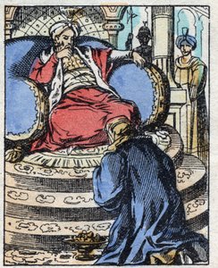 Sultanen är förvånad över diamanterna som Aladin erbjuder honom att be om sin dotters hand. Gravyr av berättelsen om Tusen och en natt "" Aladin och den underbara lampan"". Epinal avbildning, sent 1800-tal. Privat samling. av French School