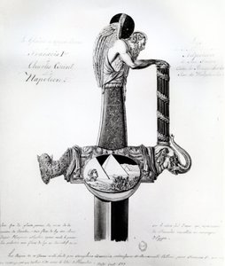 Svärdet som ägs av Frans I av Frankrike, Karl V, den helige romerske kejsaren och Napoleon Bonaparte med motiv som representerar Napoleons kampanj i Egypten av French School