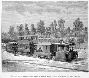 Spårvagnen från Rueil till Marly, ledd av varmvattenlokomotivet - i "" The new conquests of science"" av Louis Figuier av French School