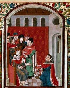 Översättaren John de Meung (eller Clopinel eller Chopinel) (1240-1305) skänker sitt verk till kung Filip IV den vackra (1268-1314). Miniatyr hämtad från "" De Consolatione Philosophiae"" av den latinska filosofen Boece (Boetius) (475-520), översatt av Jean av French School