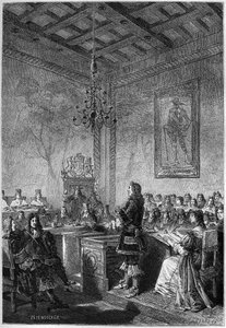 Rättegången mot Lord William Russell (1639-1683) - gravyr från "The History of England, from the tidigast times" av Francois Guizot 1877 av French School