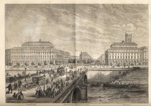 De två nya teatrarna på Place du Chatelet i Paris 1862 - Gravyr från 