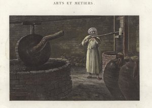 Vinägertillverkaren sköter sin press (färggravyr) av French School
