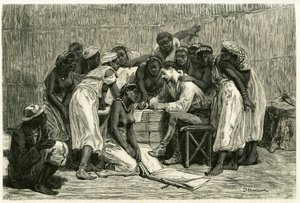Besöket av drottningarna, kung Sepopos sexton fruar, i Dr Holubs låda. Gravyr av D.Maillard, för att illustrera berättelsen "Au pays des Marutses", 1875-1879, av Dr. Emile Holub (1847-1902). Publicerad i Tour du monde, 2:a terminen 1883, redigerad av French School
