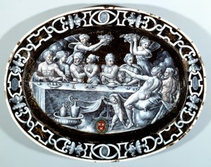 Bröllopsfesten av Psyche Oval Plat i emalj målad på koppar från den franska skolan. 1560 Paris, Louvren av French School