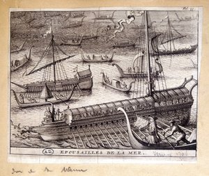 Fruarna till Dogen av Venedig med havet 1706 - gravyr av French School