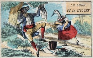 Vargen och storken. Fabler av Jean de La Fontaine (1621-95). Epinal avbildning från slutet av 1800-talet. av French School