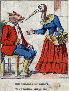 Vargen och storken. Fabler av Jean de La Fontaine (1621-95). Epinal avbildning från slutet av 1800-talet. av French School