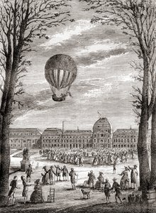Världens första bemannade flygning med vätgasballong över Champs de Mars i Paris, Frankrike, den 1 december 1783, med Nicolas-Louis Robert och professor Jacques Charles som piloter, från Les Merveilles de la Science, publicerad ca 1870 (gravyr) av French School