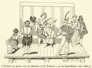 Teater i det fria i Mondor och Tabarin, på Pont-Neuf, omkring 1630 (gravyr) av French School