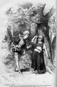 Teaterrepresentation: Askungen och den charmiga prinsen framförd av Mme Theo och Melle Vanghel för pjäsen "" Cendrillon"" av Clairville (Louis Francois Nicolaie) av French School