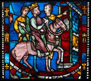 Theodosius anländer till Efesos, från en scen från legenden om Efesos sju sovande, ca. 1200–10 (Pot-metallglas, glasaktig färg) av French School