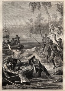 Dessa tillhandahölls så nära...: Kapten James Cooks resa (1728-1779) till Nya Zeeland 1769 - Nya Zeelands naturmän attackerar Cooks besättning när de närmar sig stranden - illustrationen hämtad från "The Great Mariners of the 18th century ” av French School