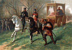 Thierry I (? - 533), kung av Austrasien på en vagn som släpas av oxar. Kromolitografi i slutet av 1800-talet. av French School