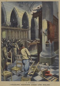 Tjuvar belägrade i en kyrka i Rouen (färg litho) av French School