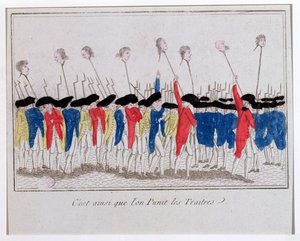 Så här straffas förrädare, sans-culottes som bär huvuden på de giljotinerade, 1789 av French School