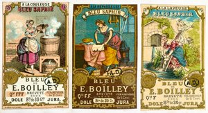 Tre etiketter för märket Bleu de E. Boilley av tvättpulver, 1878 av French School