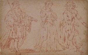 Tre teaterfigurer: King Lear, Cordelia och Maid av French School