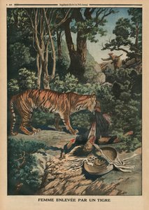 Tiger attackerar en kvinna, illustration på baksidan från "Le Petit Journal", bilaga illustre, 15 mars 1914 av French School