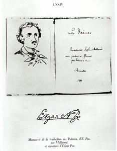 Titelsida av Les Poemes av Edgar Allan Poe (1809-49) översatt av Stephane Mallarme (1842-98) med ett porträtt av författaren, 1888 av French School