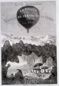 Titelsida: "" Five Weeks in Balloon" och "Journey to the Center of the Earth"" av Jules Verne, sd. Editions Hetzel under det allmänna namnet "" Les Voyages Extraordinary"" av French School