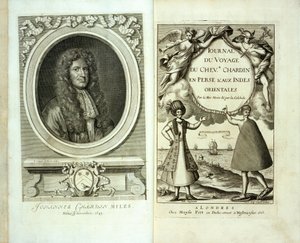 Titelsida och frontispice-porträtt av Journal du Voyage de Chevalier Chardin en Perse et aux Indes Orientales av Jean Chevalier Chardin, 1686 av French School