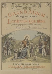 Titelsida för stort album med färgade bilder för förklaringen av katekesen (färg litho) av French School