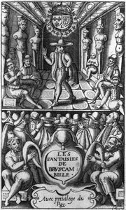 Titelsida från Les Fantaisies de Bruscambille, publicerad 1615 av French School