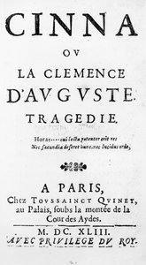 Titelsidan av Cinna ou la Clemence dAuguste av Pierre Corneille (1606-84) publicerad 1643 av French School
