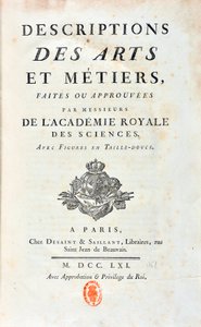 Titelsidan för "" Beskrivningar av konster och metiers gjorda eller godkända av herrar från Royal Academy of Sciences"". 1761 av French School