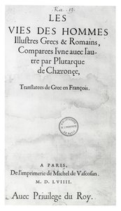 Titelsidan av The Lives of Noble Greek and Romans, av Plutarchus, tryckt av Michel de Vascosan av French School