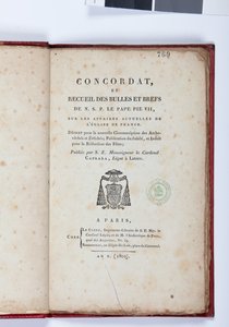 Titelsidan för Concordat et Recueil des Bulles et Briefs de N. S. P. le Pape Pius VII, utgiven av Giovanni Battista Caprara, Paris, Chez Le Clers, 1802 (tryckt papper) av French School