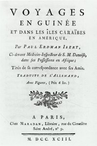 Titelsida för Travels in Guinea and the Caribbean Islands in America av Paul Erdman Isert, publicerad 1743 av French School
