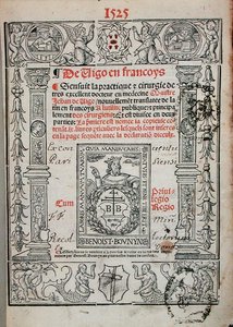 Titelsida från en bok om kirurgi av Jean de Vigo (1460-1525) 1525 (träsnitt) av French School