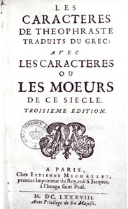 Titelsidan för The Characters of Theophraste översatt från grekiskan, med Characters or the manners of this century av La Bruyere (1645-96) 1688 av French School