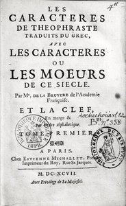 Titelsidan för Theophrastuss Les Characteres ou les Moeurs översatt av Jean de la Bruyere (1645-96) 1697 av French School