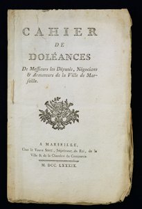Titelsidan för boken med klagomål för deputerade, köpmän och skeppsägare i Marseille, 1789 av French School