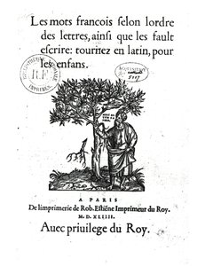 Titelsidan för den första fransk-latinska ordboken, 1544 av French School